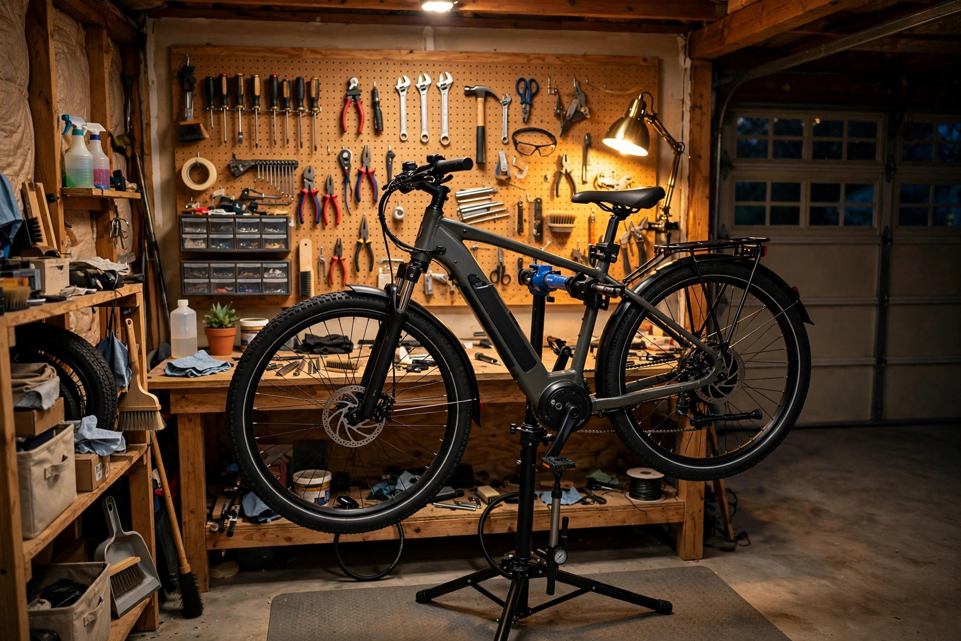 Small home workshop with an electric bike mounted on a repair stand