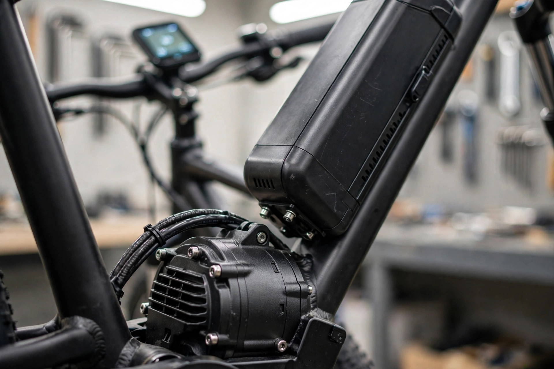 Close-up detail of an electric bike motor, battery and display