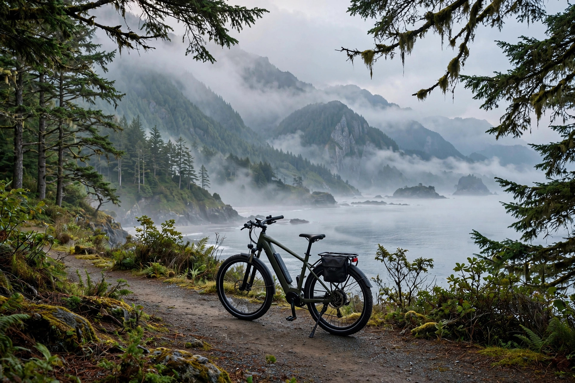 Electric bike on a coastal path with BC coastal mountains behind