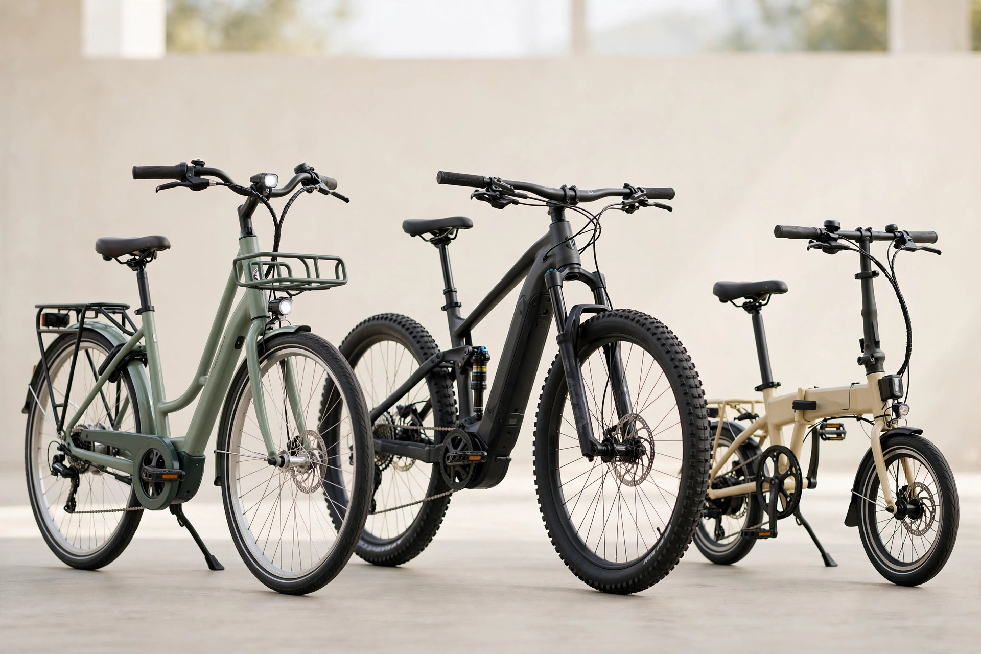Three electric bikes — city, mountain and folding models — lined up in daylight